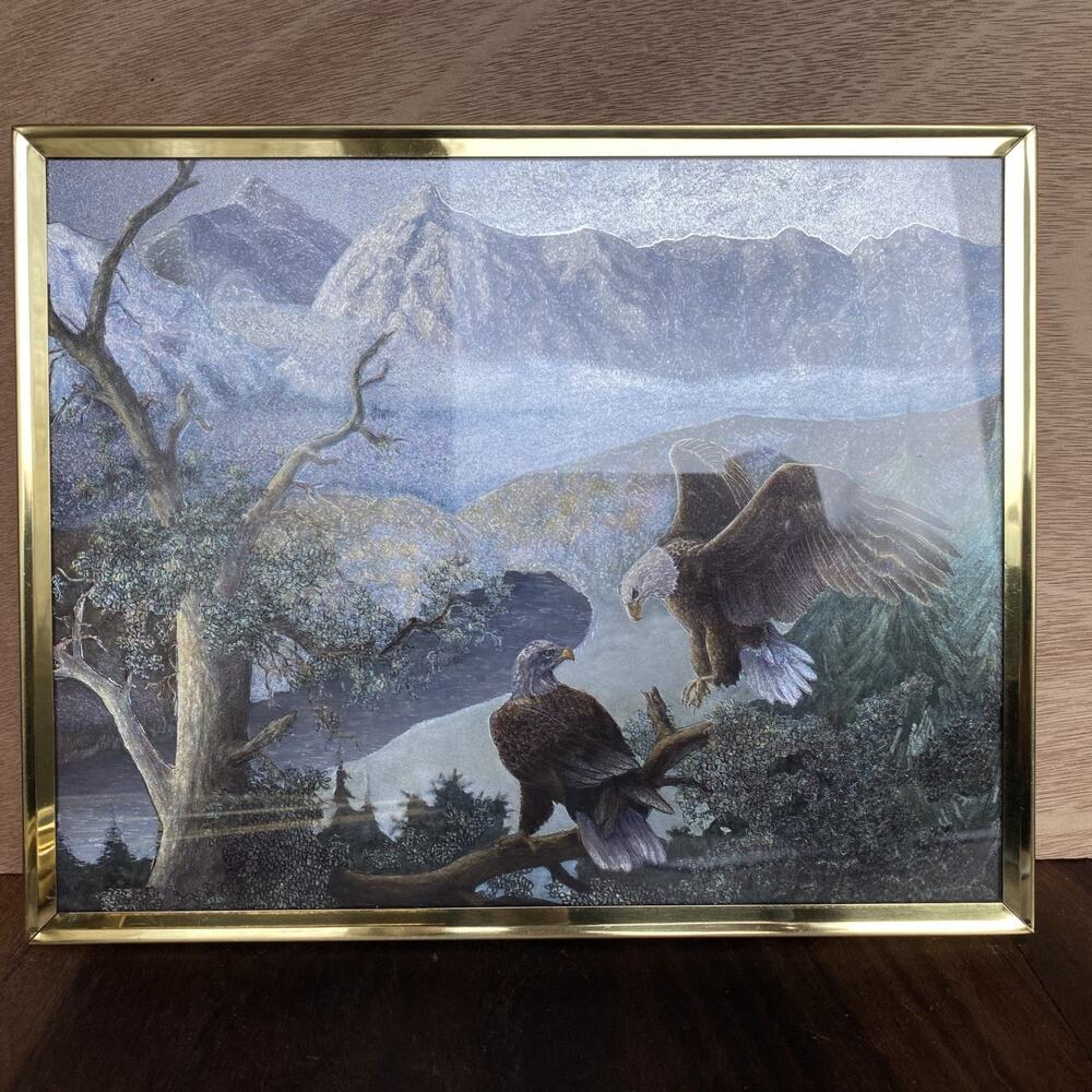 Bald Eagles & Trees #6122 Lenticular Holographic Dufex Foil 8x10 Framed Art VTG